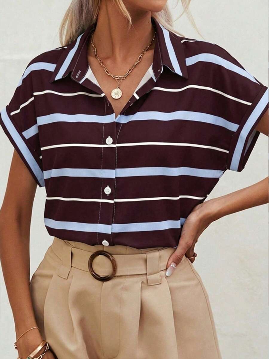 SHEIN Frenchy 休闲简约风蓝紫色条纹女式衬衫，适合春夏穿着 - 彩色 - 查看 1