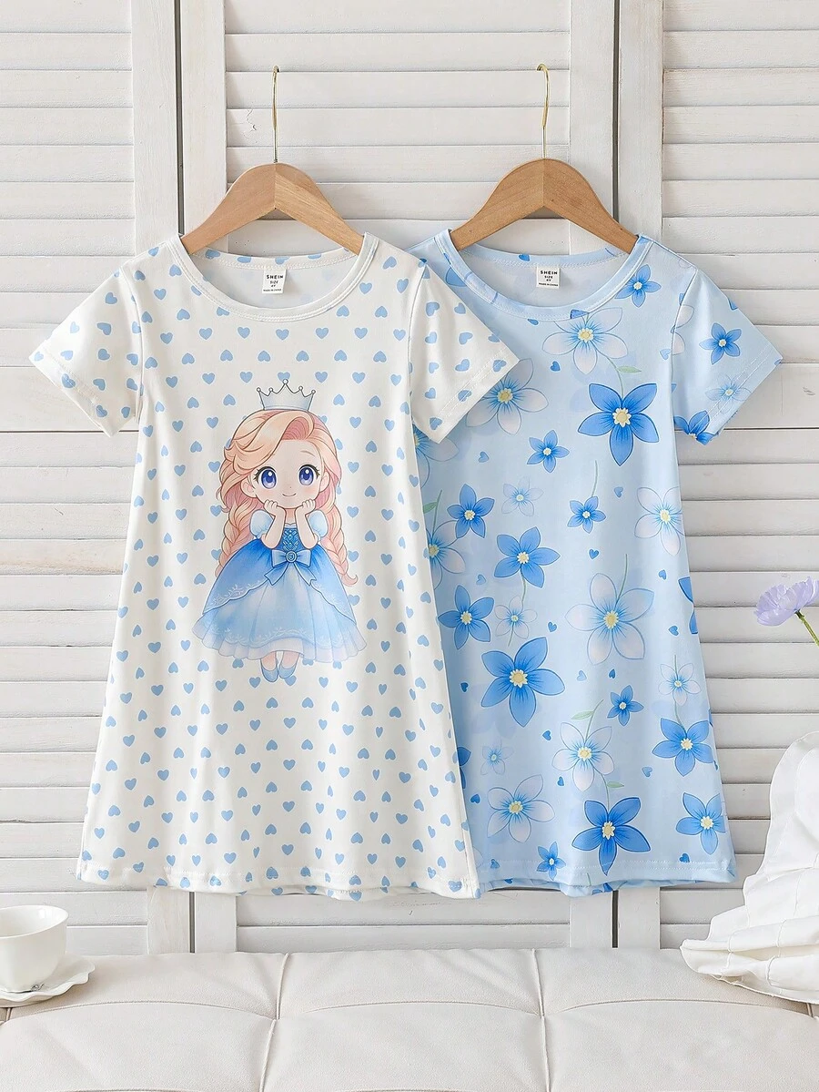 Genkimix Kids 2件組女童幼童時尚休閒家居服,圓領短袖夏季睡裙,藍白配色,附可愛女孩圖案與大花卉印花。柔軟輕盈針織面料舒適睡衣,淺藍色心形圖案,親膚溫和嬰幼女童服裝,適合日常放鬆與夜間穿著 - 彩色 - 查看 1