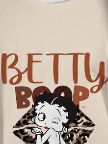 Betty Boop x SHEIN 大码字母和卡通人物印花圆领短袖T恤 - 白色 - 查看 5