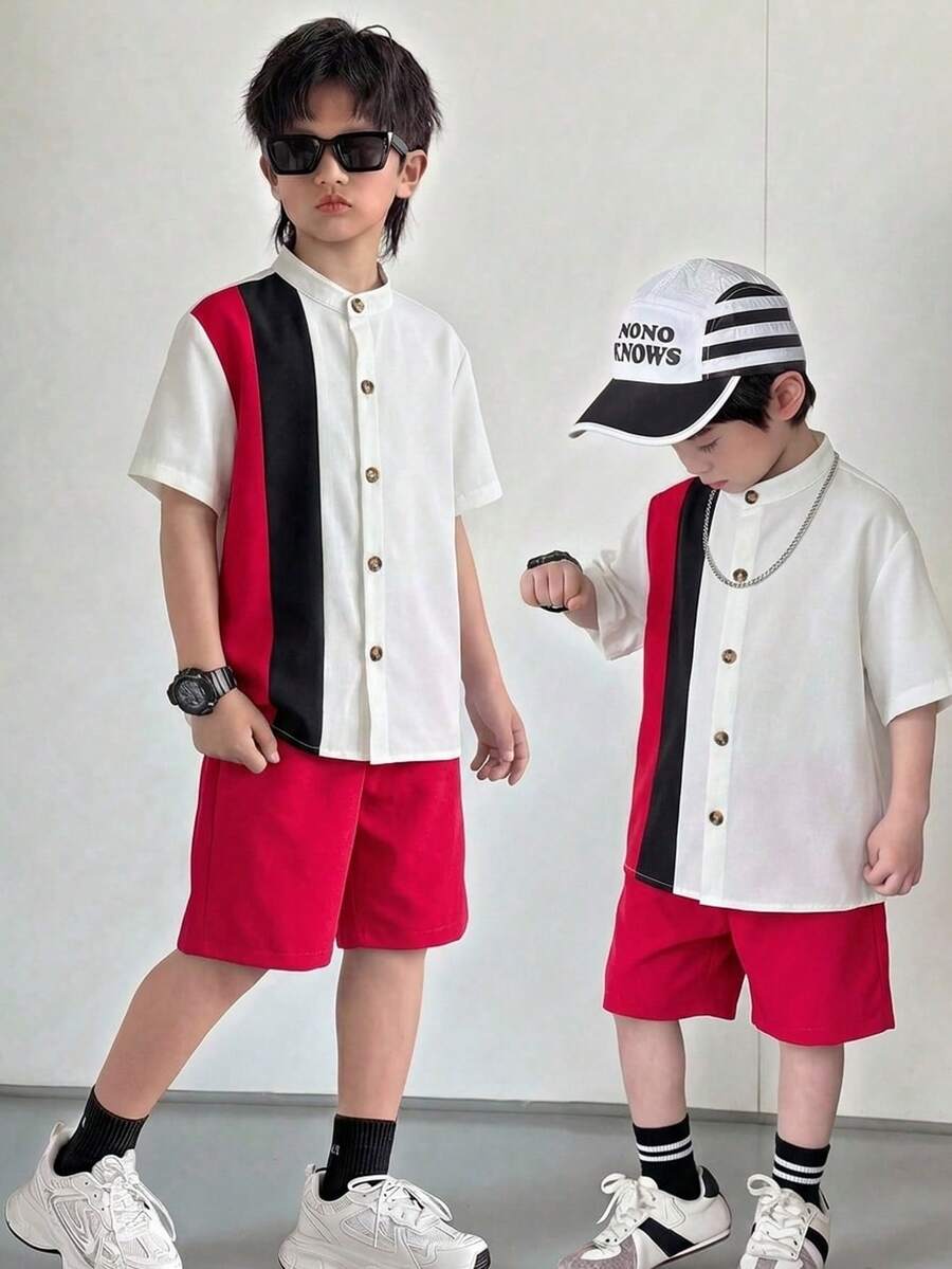 2pcs/Set Kids Boys Casual Patchwork Contrast Color White Mandarin Collar Short Sleeve Shirt And Elastic Waist Shorts,Summer Matching Family Vacation - Red - View 1