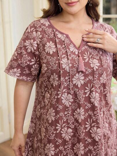 Al Najma Đầm mùa hè bằng vải jacquard, tay áo tua rua trang trí, kiểu Ả Rập dành cho nữ cỡ lớn, màu hồng và tím.