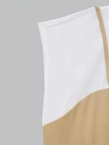 GlowEve 女士新款二合一撞色设计法式优雅时尚无袖直筒宽松休闲日常百搭连体裤，白色和卡其色撞色设计，连身裤，女士连体裤，优雅连体裤，日常连体裤，通勤连体裤，休闲连体裤 - 彩色 - 查看 6
