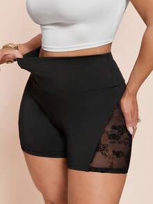SHEIN BAE Quần short nữ cỡ lớn màu đen phối lưới nhung. - màu đen - Xem 8