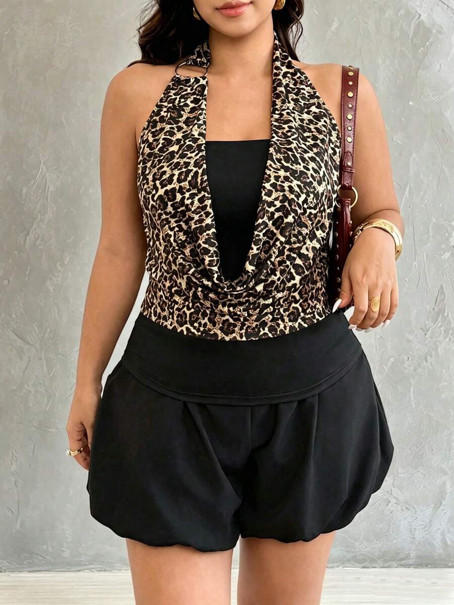 Easura Camiseta sin mangas de punto vintage con cuello de halter en V profunda, estampado de leopardo y parches negros, para mujer de talla grande. Nuevo diseño de verano, sexy y versátil. Estilo europeo y americano de resort, con decoración de anillo metálico. Adecuado para uso casual, vacaciones, citas, fiestas y Día de San Valentín. - Negro - Ver 1