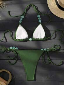 Swim Vcay Women's Summer Beach Halter Tie Jade Marble Green Patterned Decor, Beach, Pool, Casual Party, Vacation, Spring/Summer Bikini Set - Army Green - View 2