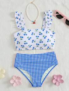 Swim Mod 两件套加大码女装樱桃随机印花装饰荷叶边下摆上衣和格子高腰短裤套装，可爱甜美度假休闲日常装 - 彩色 - 查看 7