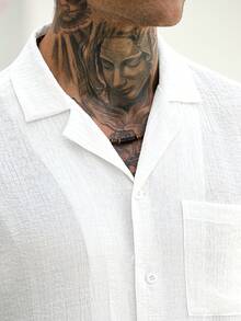 VENTUSAIL 男士纯色舒适透气泡泡纱短袖衬衫搭配抽绳松紧腰短裤，适合男士休闲度假、朋友聚会、派对、办公、商务休闲等场合，尤其适合春秋季穿着。 - 白色 - 查看 6