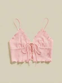 SHEIN Essnce 女士夏季度假纯色纹理前系带吊带衫 - 粉色 - 查看 3
