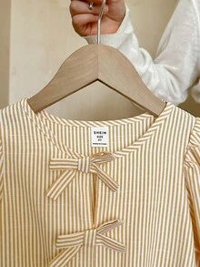 SHEIN LMoss Kids Young Girl Woven Striped Puff Sleeve Loose Casual Shirt - Yellow - View 5