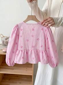 SHEIN LMoss Kids 女童条纹泡泡袖宽松休闲衬衫 - 粉色 - 查看 4