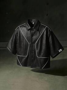 NEON BLANC Men's Summer Casual PU Leather Woven Textured Front Button Short Sleeve Shirt - Black - View 8