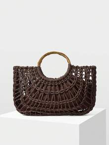 MOTF PREMIUM WOMEN'S FASHION HOLIDAY BROWN HOLLOW STRAW HANDBAG, LARGE-CAPACITY PORTABLE TOTE BAG, SUITABLE FOR VACATION TRAVEL, BEACH AND SEASIDE MATCHING - Coffee - View 3