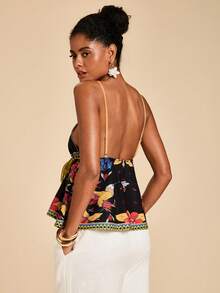 Travachic Frida Kahlo X SHEIN Áo hai dây dáng chữ A in hoa phong cách Bohemian Beach Resort, hợp tác cùng thương hiệu Woven Frida Collaboration, thích hợp cho các buổi đi chơi, phong cách đường phố, trang phục sân bay, thanh lịch. - Nhiều màu - Xem 2