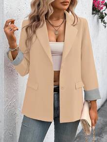 SHEIN Clasi Áo blazer kẻ sọc tay dài, kiểu dáng thường ngày, phù hợp cho người đi làm. - Màu Khaki - Xem 3