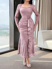 Feyla New Lace Waist Ruffle Dusty Pink Cinched Waist Elegant High-End Party Dress Autumn - Pink - View 6