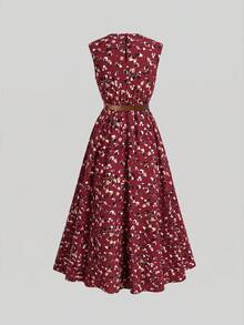 Firerie Kids Firerie Kids 少女豹纹无袖休闲连衣裙，少女休闲时尚通勤立领喇叭腰A字长裙，红色连衣裙，适合青少年女孩，适合14岁女孩的漂亮连衣裙，适合女孩的休闲连衣裙 - 紅色 - 查看 2