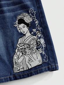 ROMWE MEN Street Life Quần short denim nam in hình hổ, có túi và khóa kéo. - Màu xanh lam - Xem 4