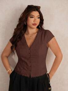 Elaquor Blusa de talla grande de verano, de unicolor con adorno de encaje - Marrón - View 7