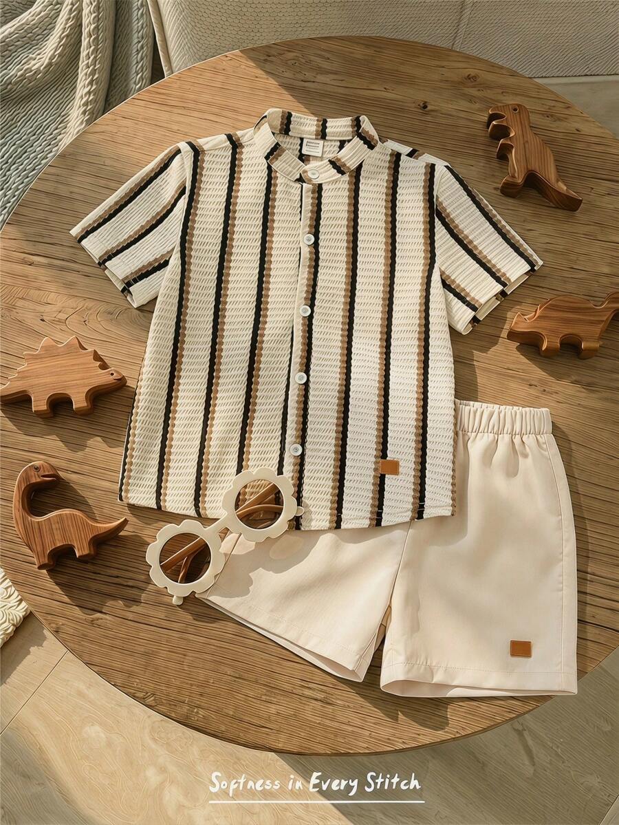 Cozy Pixies Young Boy Striped Cardigan Shirt Top And Solid Color Shorts Set, Casual Vacation & School Versatile Fashion - Brown - View 1