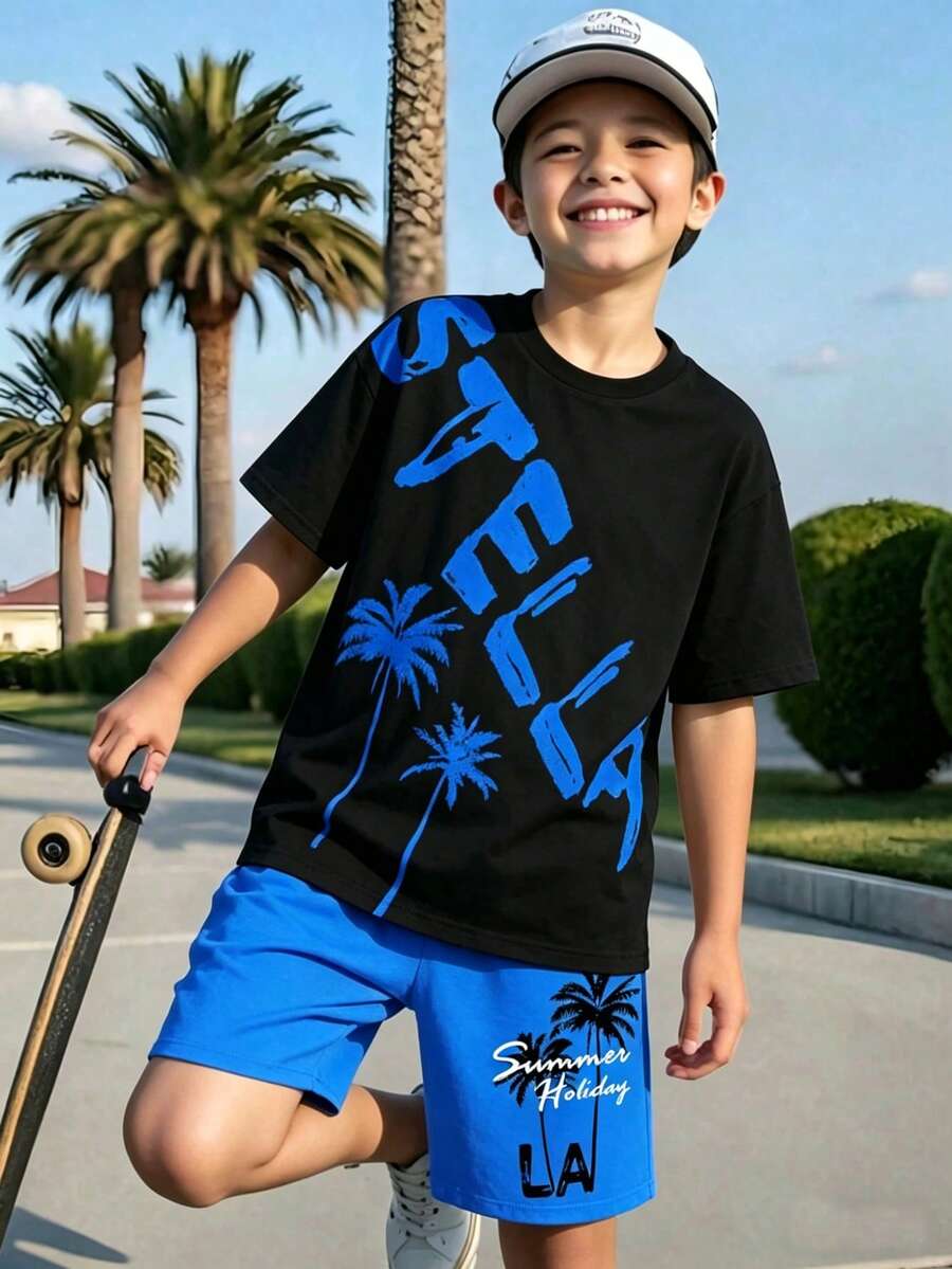 2pcs/Set Tween Boys' Summer Casual Letter & Palm Tree Print Short Sleeve T-Shirt And Shorts Set,Black And White,Streetwear,City Break,Holiday Outfit - Blue - View 1