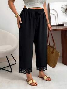 Ceyna Pantalones de talla grande con textura y ribete de encaje de unicolor - Negro - Ver 5