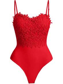 Rometta Plus Size Elegant Blommig Spets Camisole Bodysuit, Sommar - Röd - Visa 1