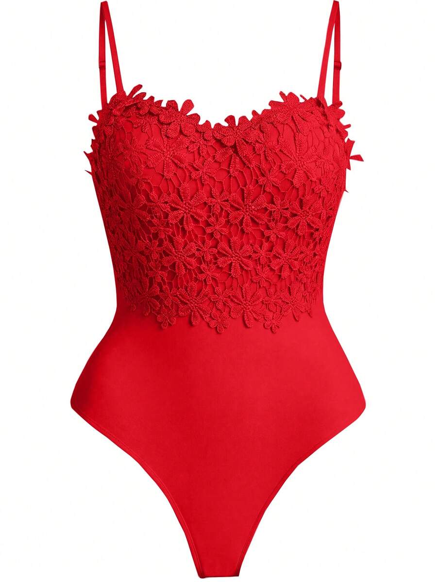 Rometta Plus Size Elegant Blommig Spets Camisole Bodysuit, Sommar - Röd - Visa 1