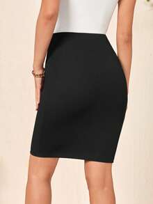 Medorina Fake Button Bodycon Skirt - Black - View 2