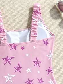 Tween Girls' Letter & Star Cartoon Girl Group Print Elastic Wide Strap One-Piece Swimsuit, Suitable For Beach, Pool, Water Sports - Pink - View 5
