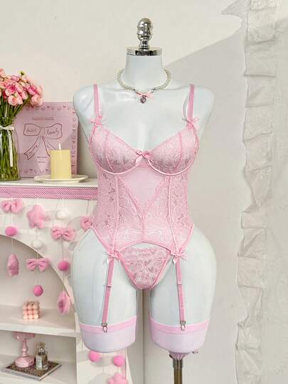 PetitDoll 4件套蕾丝拼接透视V领钢圈托胸性感内衣套装