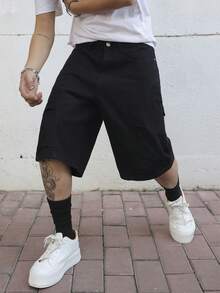 Manfinity EMRG Plus Size Men's Summer Black Casual Loose Wide Leg Denim Shorts - Black - View 3
