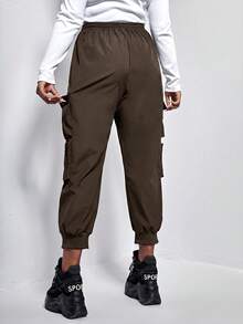 Muchica Black Plus Flap Pocket Drawstring Cargo Pants - Coffee Brown - View 2