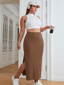 SHEIN EZwear 大码纯色高开衩大腿裙，棕色 - 棕色 - 查看 4