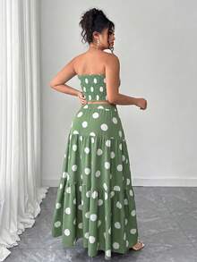 Elenzga Conjunto de 2 piezas talla grande: Top bandeau azul elegante con nudo y falda maxi plisada, estilo de vacaciones para el verano - verde menta - Ver 2