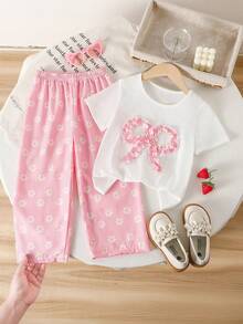 SHEIN Playful Pals 2件組小女孩夏季7歲生日套裝，甜美蝴蝶結短袖T恤搭配雛菊格紋長褲，適合嬰幼兒的可愛休閒穿搭 - 粉色 - 查看 4