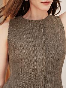 Nueva blusa elegante y chic de diseño de tela de espiga con cremallera, cuello redondo y sin mangas para mujer - Albaricoque - Ver 5