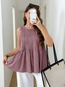 SHEIN LUNE Débardeur décontracté à col rond avec volant à l'ourlet pour femmes grandes tailles, motif à carreaux - Multicolore - Voir 2