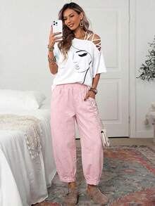 EMERY ROSE Women's Casual Solid Color Elastic Waist Big Pocket Jeans - Pink - View 4