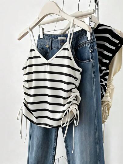 SHEIN Franclia Women's Summer Camisole, Striped Spaghetti Strap Camisole Top With Side Ruched Tie Bow Detail