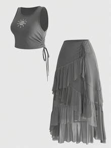 ROMWE Plus Size Hippie Vintage Boho Music Festival Embroidered Sunflower Tank Top Asymmetrical Ruffle Hem Skirt 2 Pieces Set Beach Vacation White Green - Grey - View 5