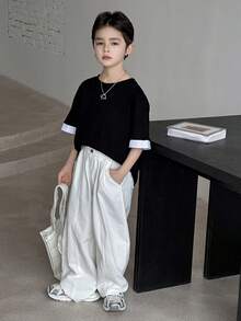 Dazy Kids Áo thun ngắn tay cổ tròn in chữ dành cho bé trai tuổi teen, kiểu dáng thường ngày. - màu đen - Xem 6