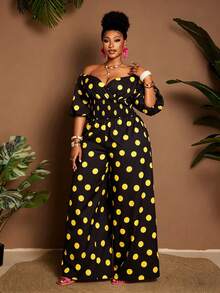Maweii Plus Size Off Shoulder Polka Dot Drawstring Waist Short Sleeve Jumpsuit - Multicolor - View 4