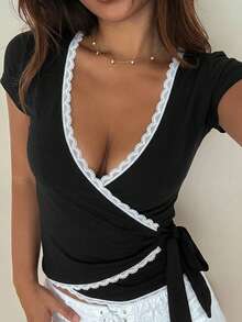 DAZY Women's Tie-Waist Color Block Lace Patchwork Bodycon Casual T-Shirt, Vacation & Street Style, Spring & Summer - Black - View 2