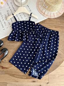 SHEIN Bộ đồ bé gái thường ngày dễ thương gồm áo hai dây chấm bi và quần cạp chun. - Nhiều màu - Xem 5