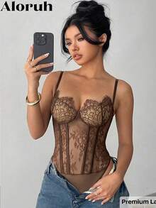 Aloruh 女士花卉蕾丝性感吊带连体衣 - 咖啡棕 - 查看 5