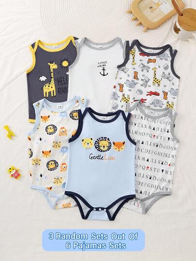 SHEIN Playful Pals [Ngẫu nhiên 3 trong số 6 bộ] Bộ áo liền thân không tay 3 món dễ thương, thoải mái, mềm mại bằng vải dệt kim cho bé trai sơ sinh, với họa tiết hươu cao cổ, hổ, sư tử và các hình động vật hoạt hình, chữ và hình mỏ neo.