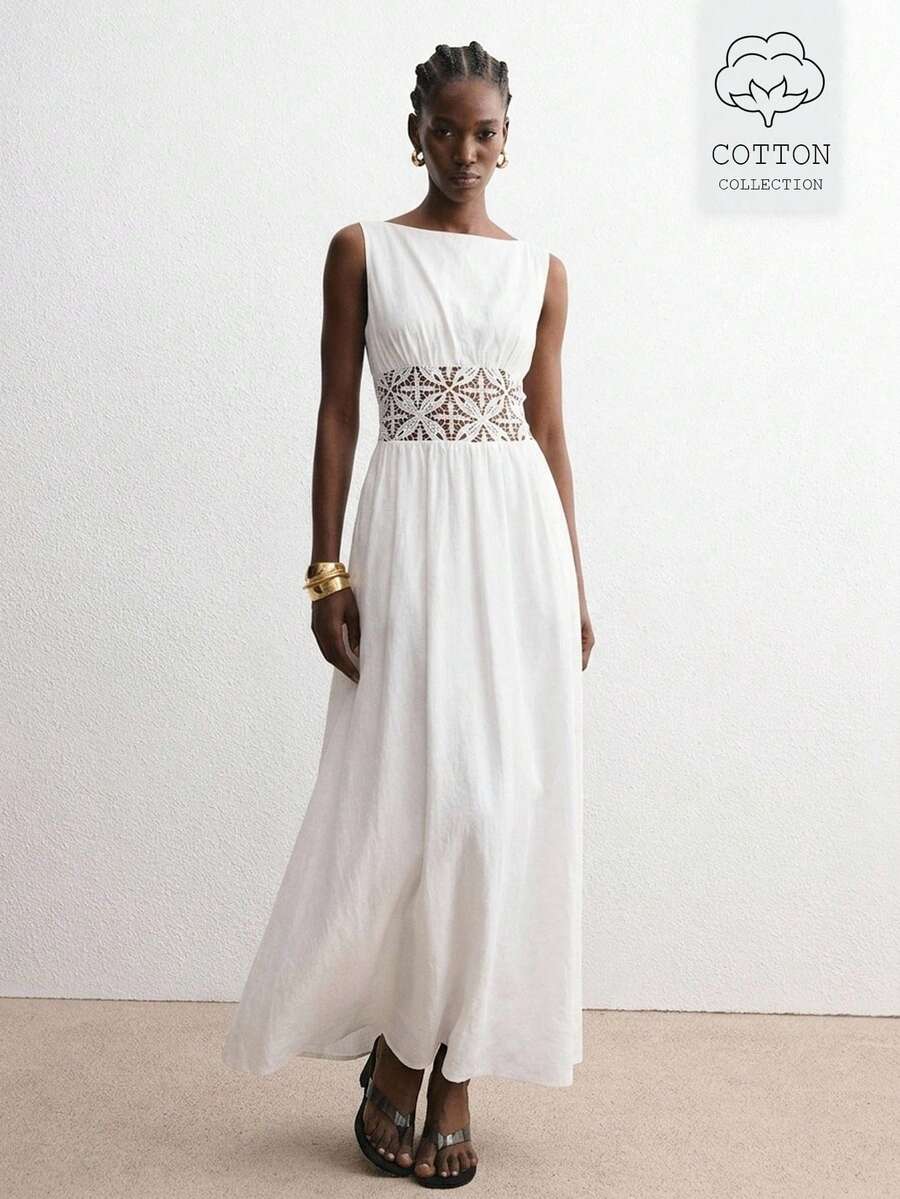 ATUI Studio Vestido de verano elegante de mujer con parches de encaje, sin mangas y con cintura ceñida - Blanco - Ver 1