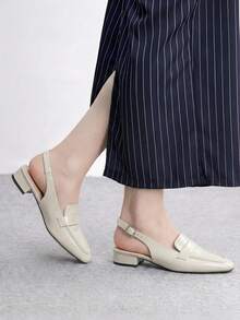 Sleekvia Off-White Small Square Toe, Low Vamp, Rear Strap Buckle, Fashionable Women's Flat Shoes - Off-white - View 3