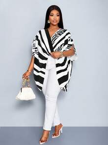 SOLERSUN Women's Elegant Black And White Summer Pastel Striped Leaf Print V-Neck Batwing Sleeve Pleated Asymmetrical High-Low Hem Plus Size Blouse - Black - View 1