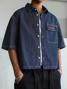 STEELVANCE Camisa de manga corta de mezclilla azul con rayas y bordado, estilo casual urbano para hombres - Azul lavado oscuro - Ver 5